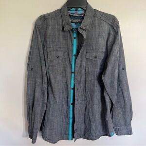 Best In Show Chambray & Teal Long Sleeve‎ Button Front Shirt Women's Size Large